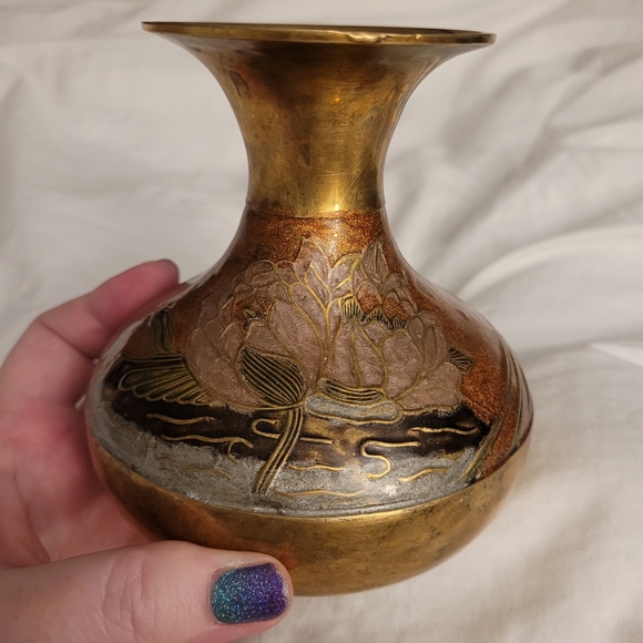 Brass Cloissonne Vase With Dragonfly and Floral Details - Picture 2 of 6
